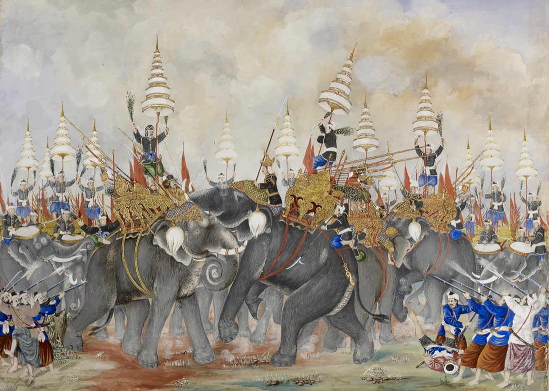A late nineteenth-century Thai painting of a battle between Siamese and Burmese armies, with war elephants, soldiers in red, and bright flags.